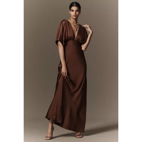 BHLDN Dresses & Skirts - BHLDN Anthropologie Leila Dress Gown Satin Deep V Chocolate Size 2